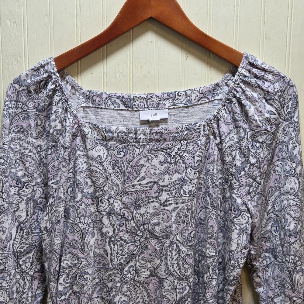 J. Jill Blouse Womens Petite S Gray Paisley Ruffle 3/4 Sleeve Tunic Top
